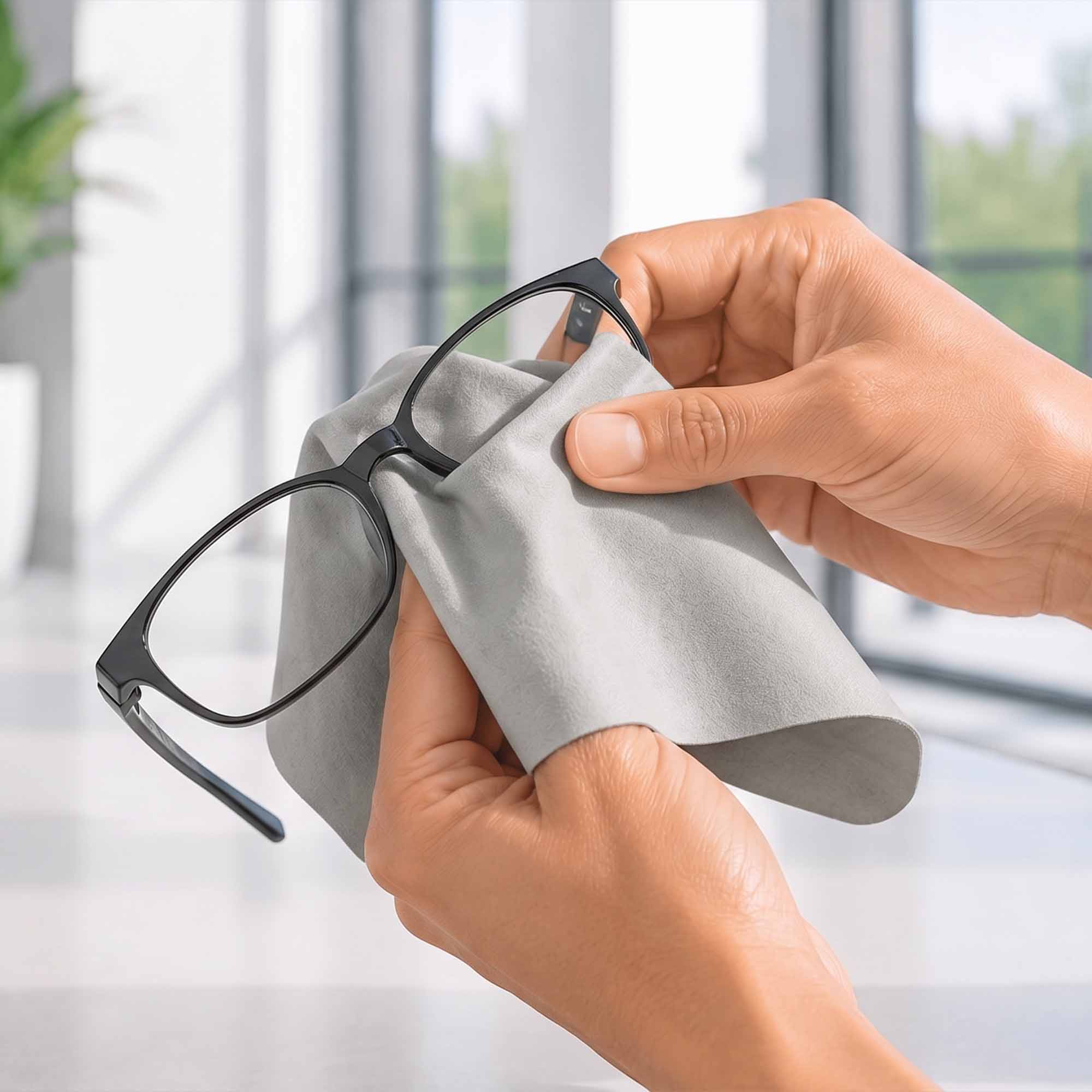 Eine Brille wird mit einem Antibeschlagtuch sauber gemacht